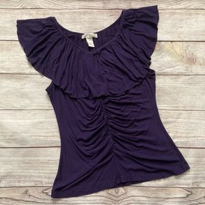 Kenar Ruched Ruffle Neck Sleeveless Tank Top Women’s Size Small Purple